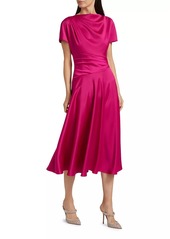 Teri Jon Satin A-Line Cowlneck Midi-Dress