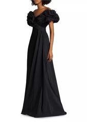 Teri Jon Scrunch Taffeta & Crêpe Off-the-Shoulder Gown