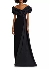 Teri Jon Scrunch Taffeta & Crêpe Off-the-Shoulder Gown