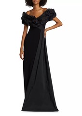 Teri Jon Scrunch Taffeta & Crêpe Off-the-Shoulder Gown