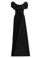 Teri Jon Scrunch Taffeta & Crêpe Off-the-Shoulder Gown