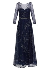 Teri Jon Semi-Sheer Sequin & Bead-Embroidered Gown
