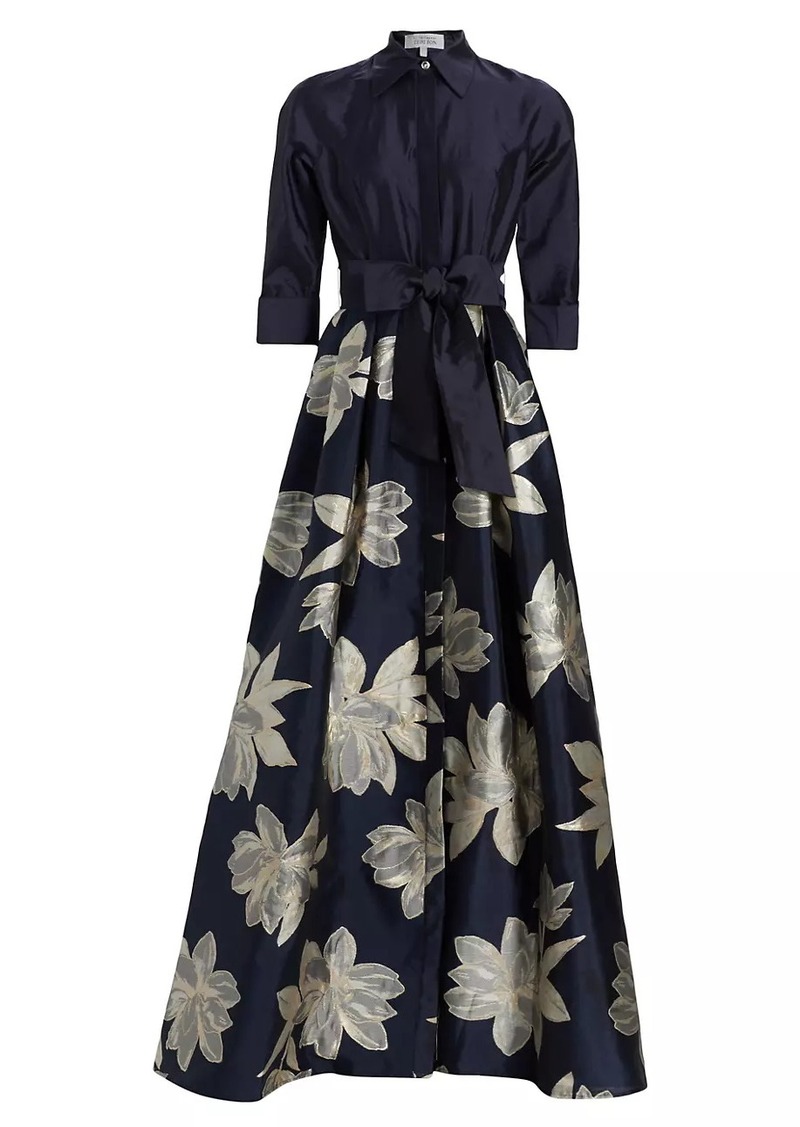 Teri Jon Shirtwaist Floral Jacquard Gown