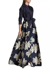 Teri Jon Shirtwaist Floral Jacquard Gown