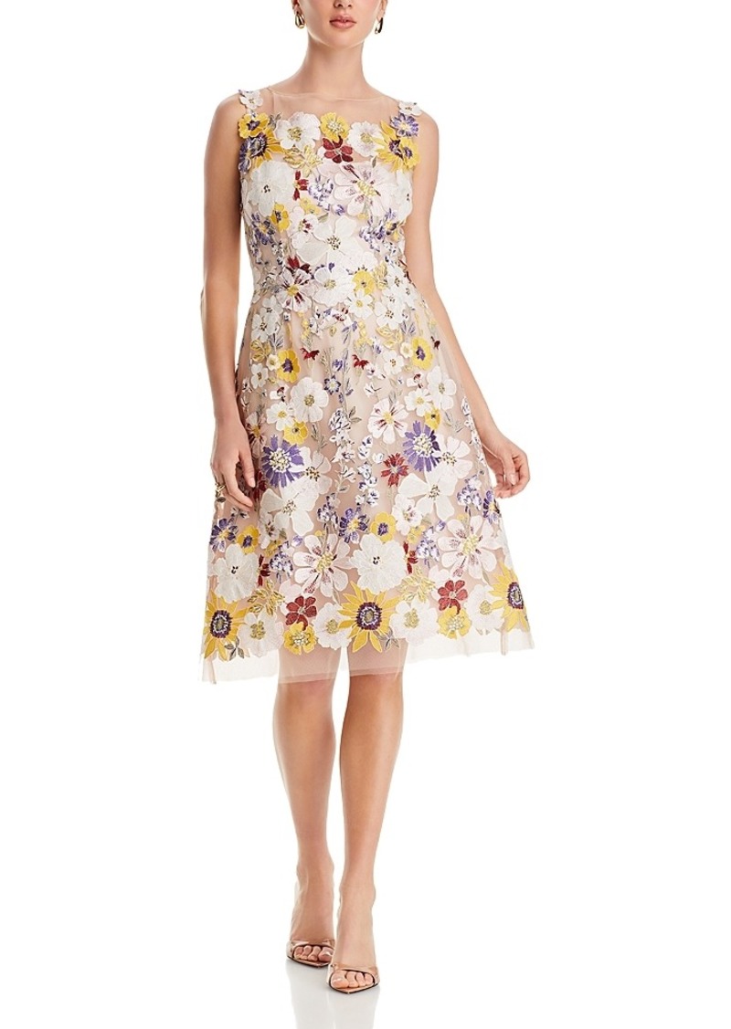 Teri Jon by Rickie Freeman 3D Flower Boat Neck Fit and Flare Dress