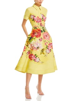 Teri Jon by Rickie Freeman Bold Floral Border Print Shirt Waist Midi Dress