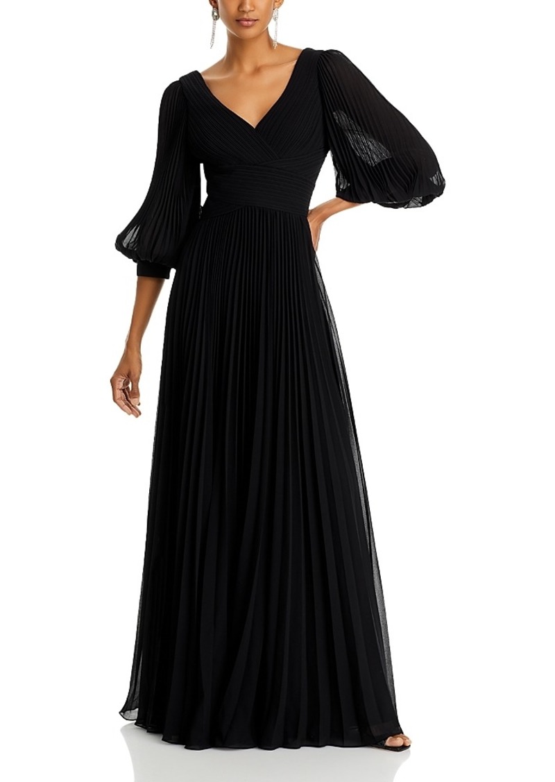 Teri Jon by Rickie Freeman Chiffon Pleated V Neck Gown