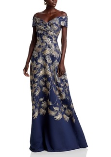 Teri Jon by Rickie Freeman Feather Off The Shoulder Jacquard Gown