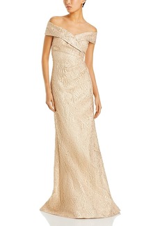 Teri Jon by Rickie Freeman Metallic Jacquard Off-the-Shoulder Gown