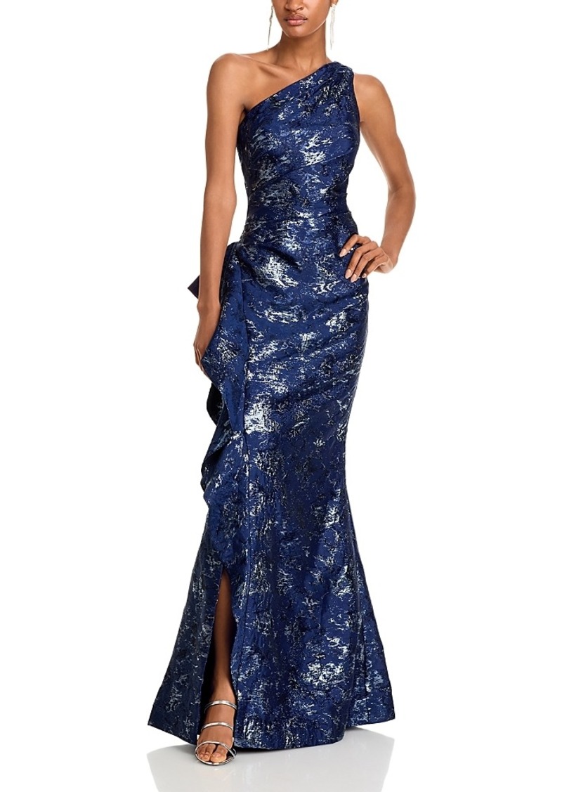 Teri Jon by Rickie Freeman Metallic Jacquard One-Shoulder Gown