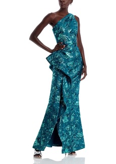 Teri Jon by Rickie Freeman Metallic Jacquard One-Shoulder Gown