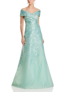 Teri Jon by Rickie Freeman Off-the-Shoulder Metallic Jacquard Gown