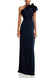 Teri Jon by Rickie Freeman Ruffled One Shoulder Gown