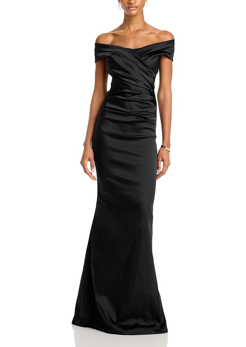 Teri Jon by Rickie Freeman Satin Stretch Off The Shoulder Gown