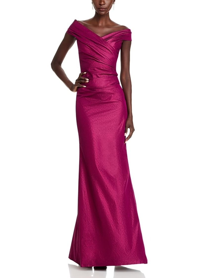 Teri Jon by Rickie Freeman Stretch Metallic Off-the-Shoulder Gown