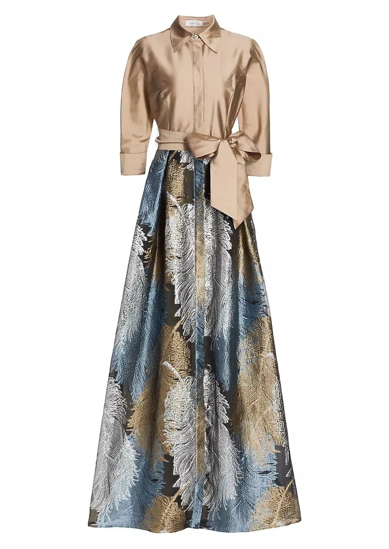 Teri Jon Two-Tone Feather Jacquard Shirt Gown