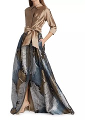Teri Jon Two-Tone Feather Jacquard Shirt Gown