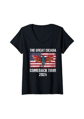 The Great Womens Cicada American Flag Tee Patriotic USA Flag Animal Graphic V-Neck T-Shirt