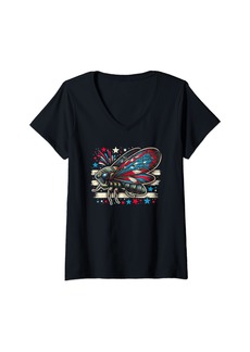 The Great Womens Cicada USA Flag 4th July V-Neck T-Shirt