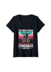 The Great Womens Great Cicada Comeback Tour 2024 - Insect Invasion Retro V-Neck T-Shirt