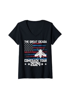 Womens The Great Cicada Comeback Tour 2024 Funny Cicada Event V-Neck T-Shirt
