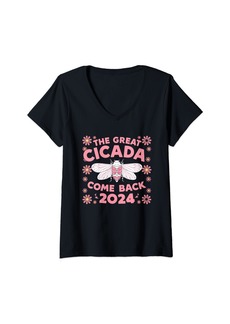 Womens The Great Cicada Comeback Tour 2024 Quote Groovy V-Neck T-Shirt