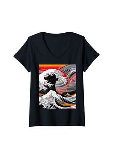 Womens The Great New Wave Off Kanagawa Modern Art Colorful Abstract V-Neck T-Shirt
