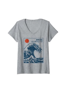 Womens The Great Wave Off Kanagawa Japanese Aesthetic Hokusai Art V-Neck T-Shirt