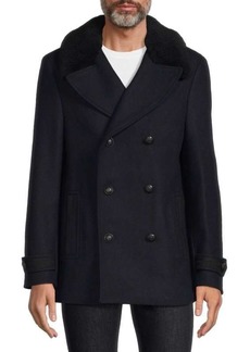 The Kooples Shearling Collar Double Breasted Wool Blend Peacoat