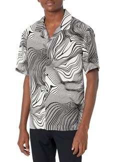The Kooples Men's Hawaiian-Collar Shirt with Lined Stroboscopic Print White-Black