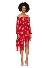 The Kooples Women's Floral Print Off The Shoulder Dress with Assymetrical Hem red