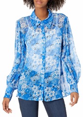 The Kooples Women's Floral Printed Button-Down Shirt with Wide Collar and Puffed Sleeves