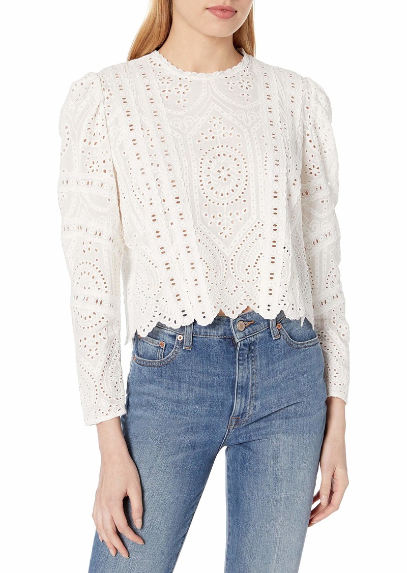 The Kooples Long Sleeve Embroidered Top with Scalloped Hemline and Eyelets Off-White