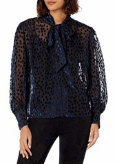 The Kooples Women's Long Sleeved Top with a Lavalliere Collar and a Dot Print in a Velvet Burn Out Fabric Black/Purple Size