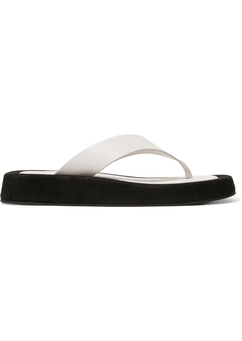 white leather flip flops