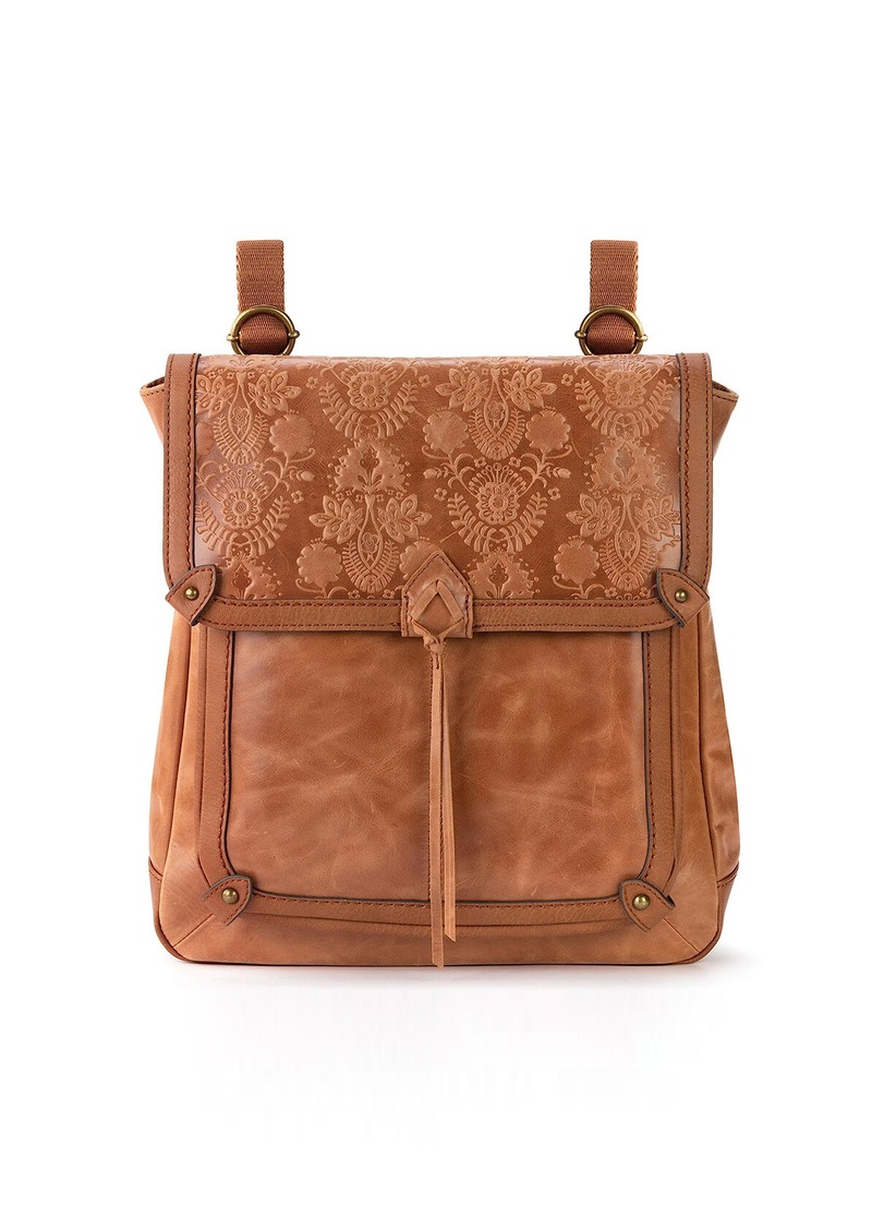 The Sak Ventura Backpack in Leather Adjustable Convertible Strap Tobacco Floral Emboss