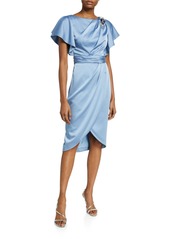 Theia Asymmetrical Drape Charmeuse Dress with Wrap Skirt