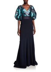Theia Bishop-Sleeve Jacquard Bodice Gown with Crepe Skirt
