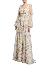 Theia Cold-Shoulder Floral Printed Chiffon Gown
