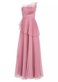 Theia Delphine Pleated One-Shoulder Organza Gown