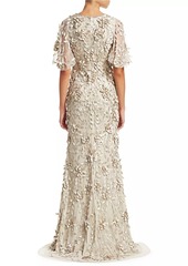 Theia Embellished Flutter-Sleeve Tulle Gown