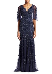Theia Flutter Sleeve Beaded Gown