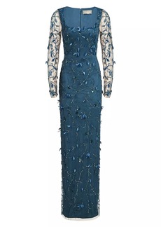 Theia Hera Long-Sleeve Petal Appliqué Gown