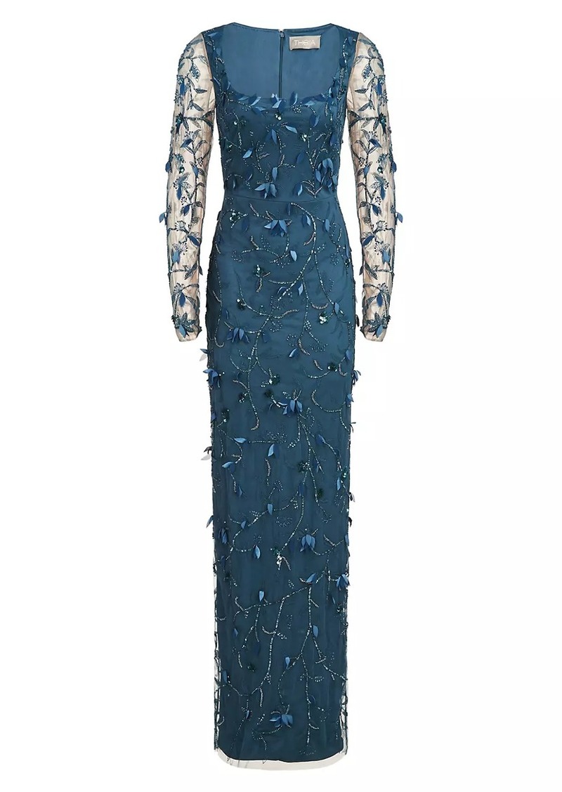 Theia Hera Long-Sleeve Petal Appliqué Gown