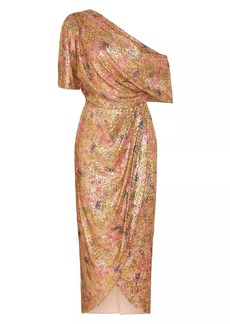 Theia Jade Draped Printed Sequined Midi-Dress
