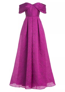 Theia Joelle Jacquard Off-The-Shoulder Gown
