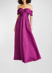 Theia Joelle Off-Shoulder Pleated Jacquard Gown
