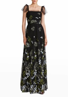 Theia Kari Floral Embroidered A-Line Gown