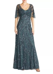 Theia Lavinia Beaded Capelet Gown