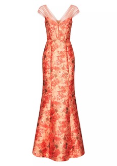 Theia Lowen Floral Mikado Satin Mermaid Gown